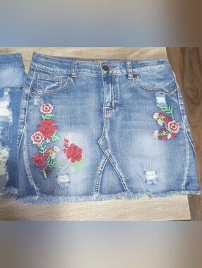Bundle Denim Mini Skirt with Red Floral Embroidery Sizes M/L